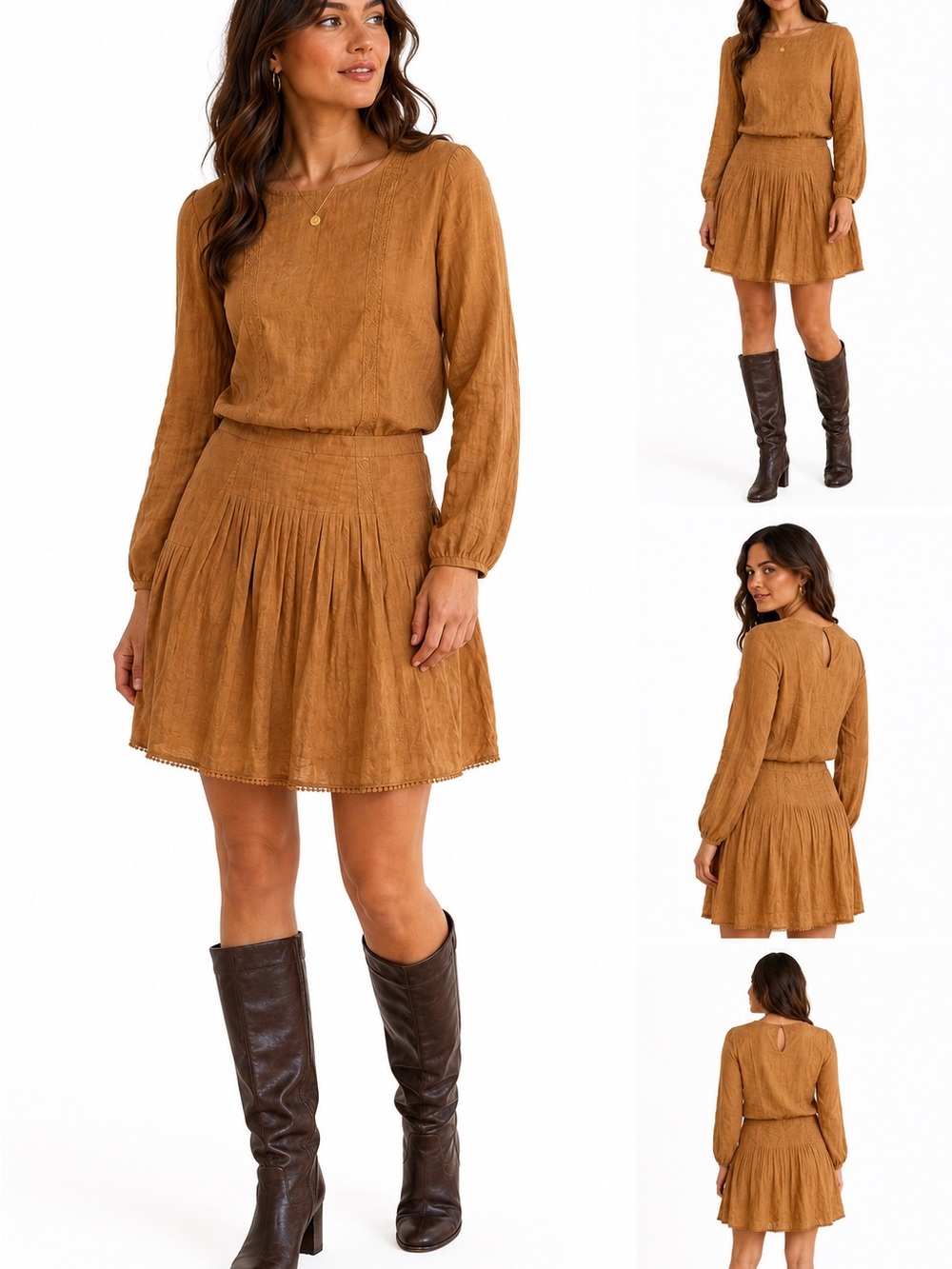 Frieeah Camel Linen Blend Long Sleeve Drop Waist Mini Dress Cottagecore Boho L